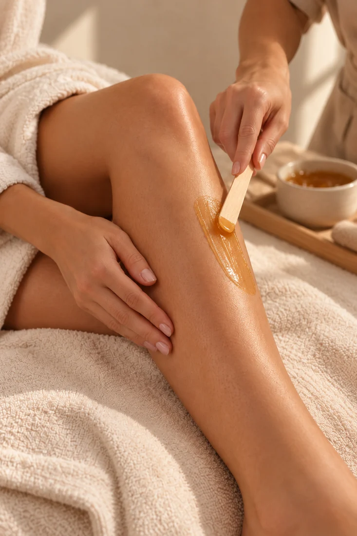 Épilation douce au spa Application de cire sur une jambe