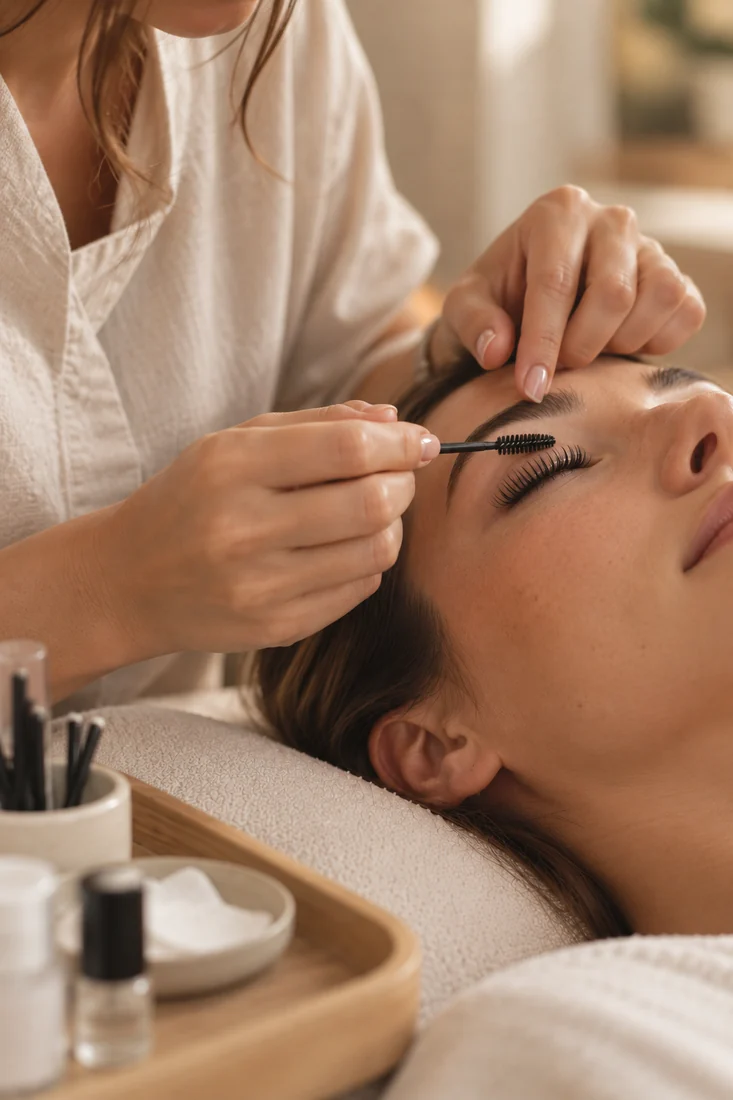 Soin des cils en institut chaleureux Application d’un soin sur les cils