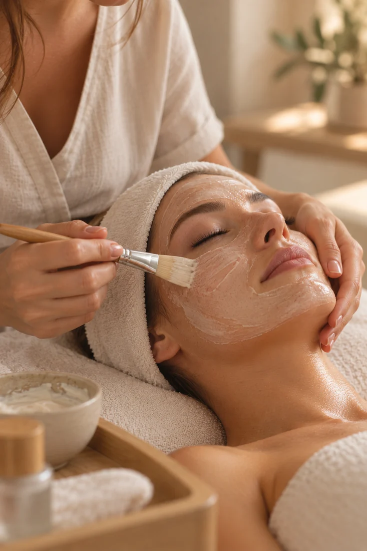 Soin visage relaxant en spa Application d’un masque au pinceau sur le visage